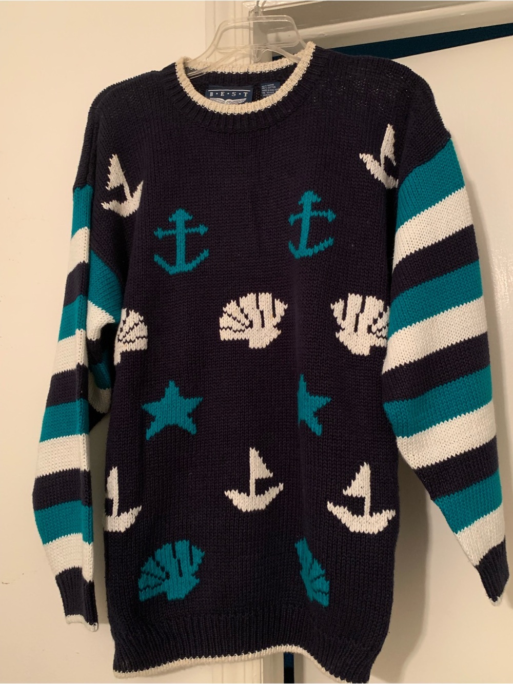 Nautical Crewneck Sweater in Navy, Teal & White